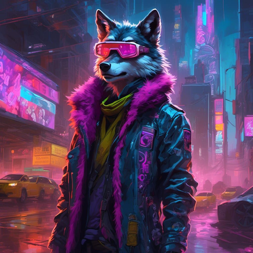 Cyberpunk Wolf in Neon Cityscape