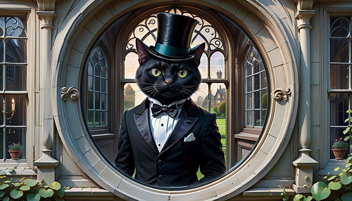 Anthropomorphic Cat in Tuxedo Looking Out Window