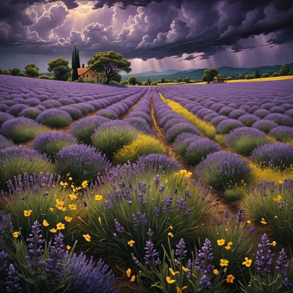 Blooming Lavender Fields in Mystical Landscape Art