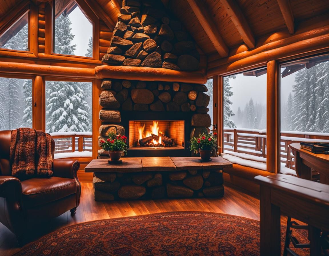 Cozy Lodge Fireplace During a Snowstorm Landscape