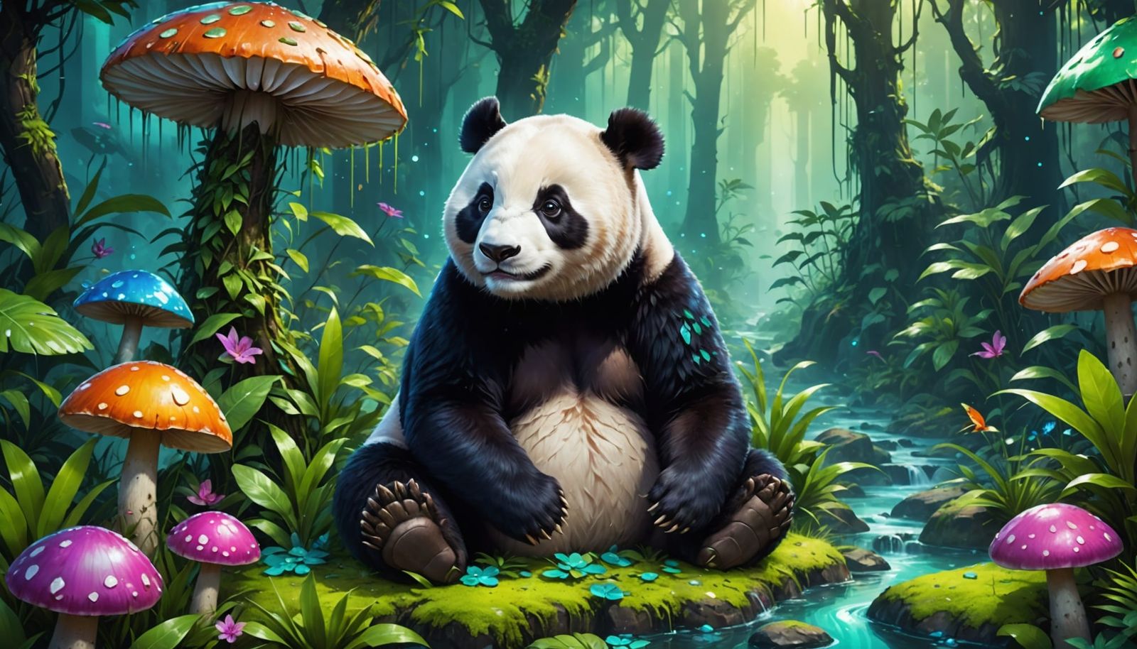 Hyperrealistic Panda in Bioluminescent Jungle Clearing