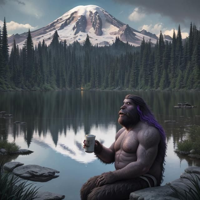 Bigfoot Tea Party by Alpine Lake in Dark Fantasy Style