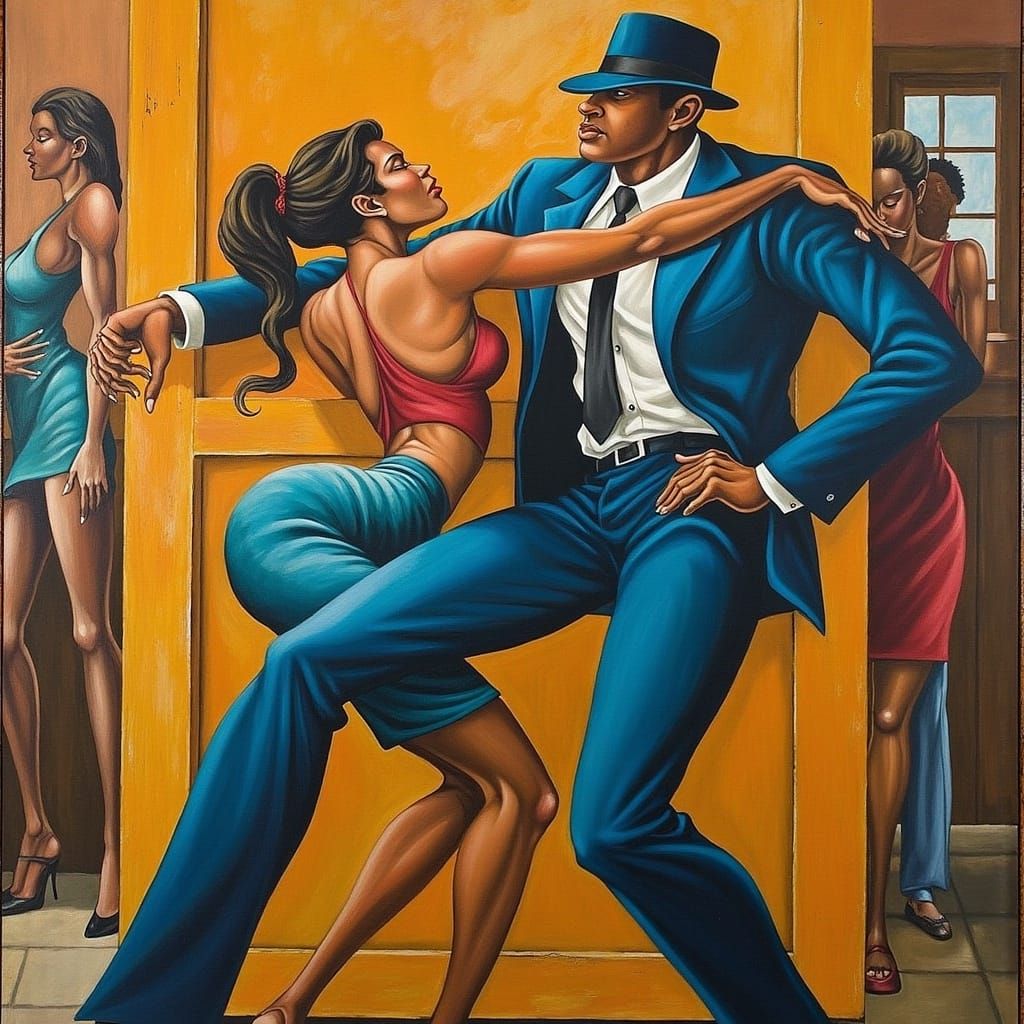 Security Guard Tackles Lady in Art Deco Cubist Style