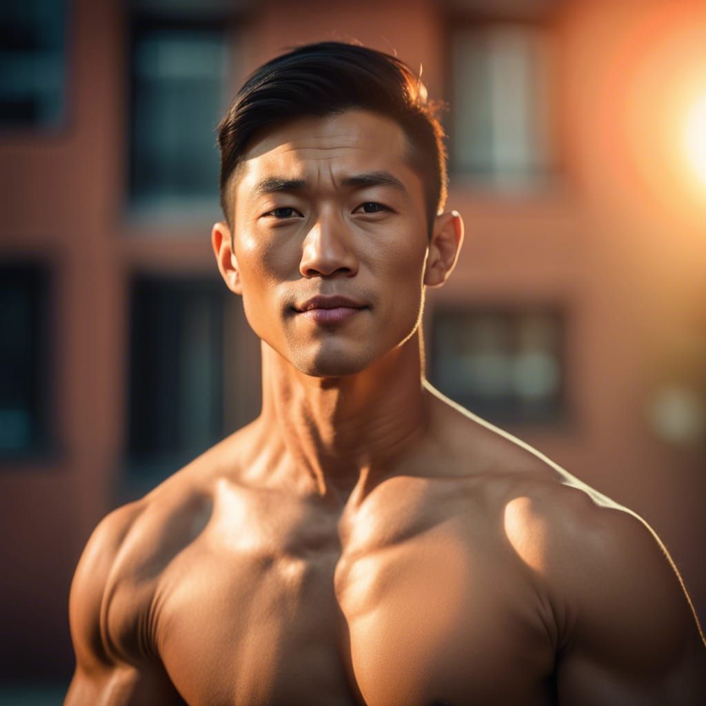 Optimistic Asian Man Flexing in Studio Portrait
