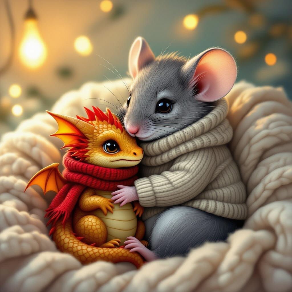 Mouse and Dragon Snuggle in Whimsical Style