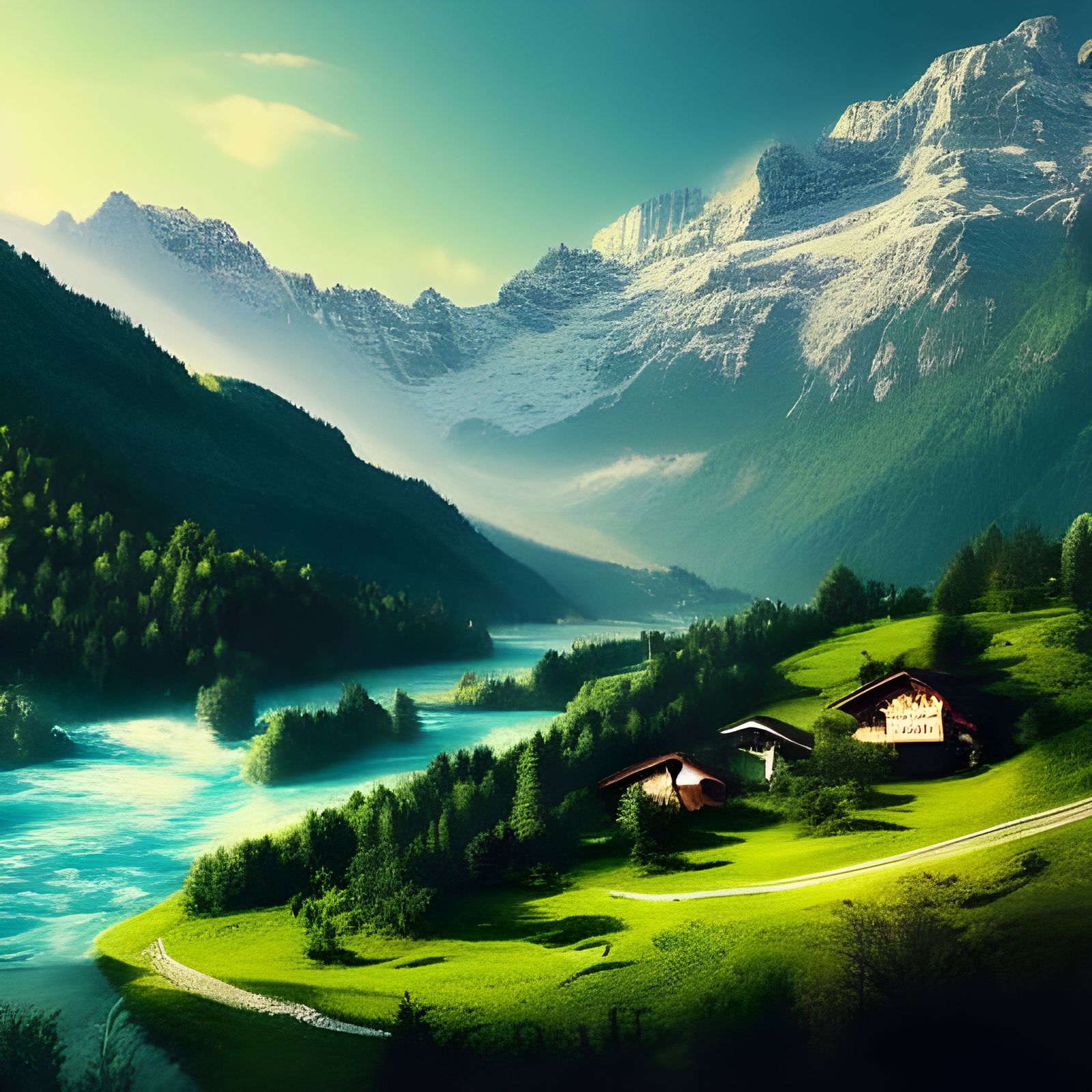 Swiss Alps Landscape: Detailed Matte Painting