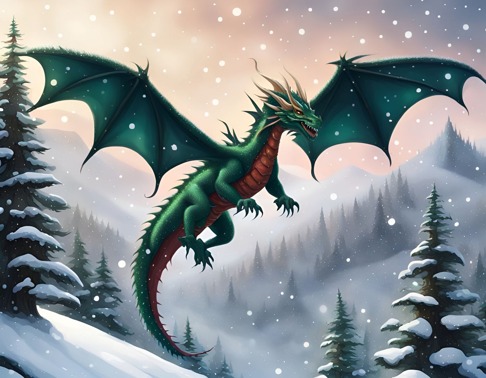 Christmas Dragon Flying Over Snowy Mountain