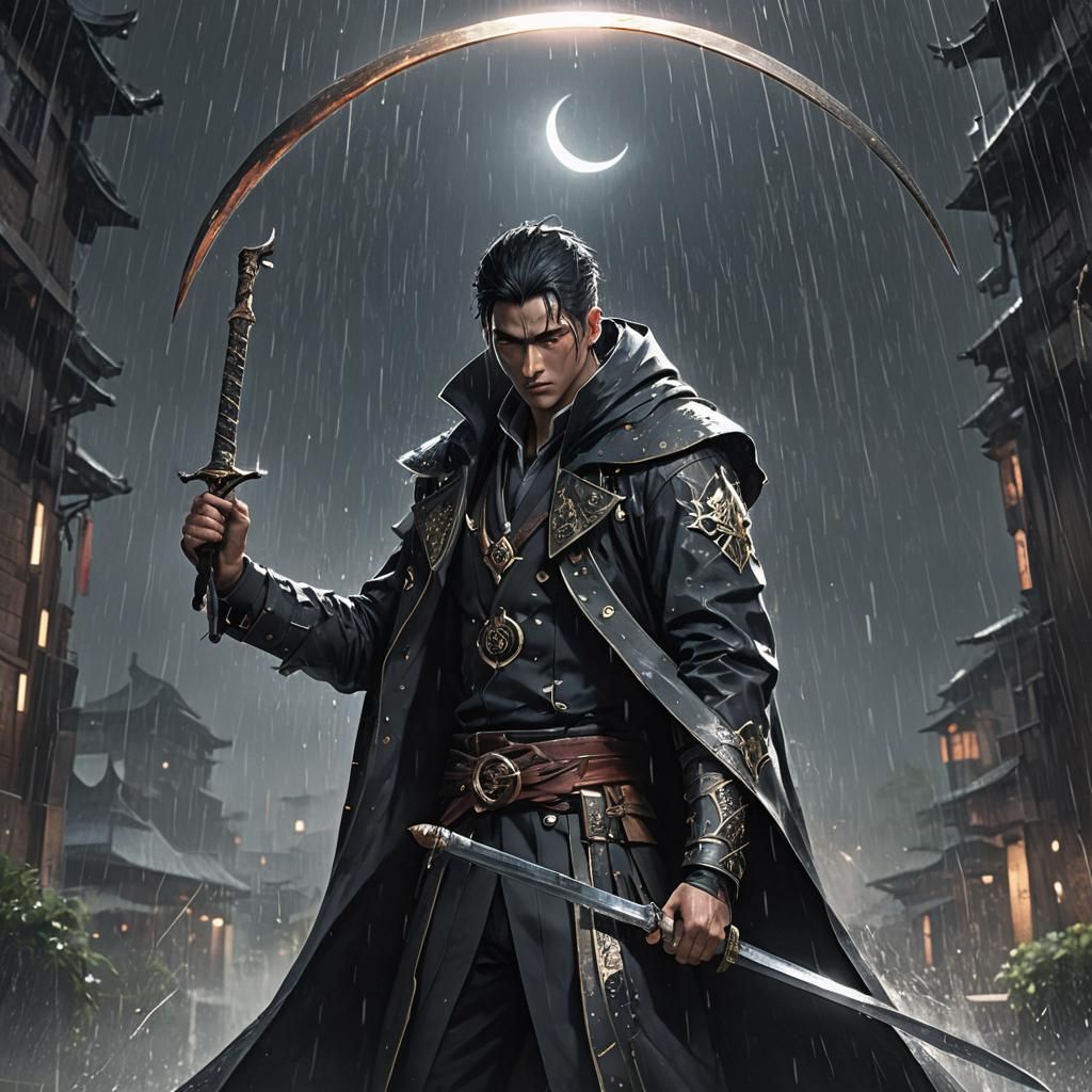 Rainfall Warrior with Damascus Sword in Anime Style