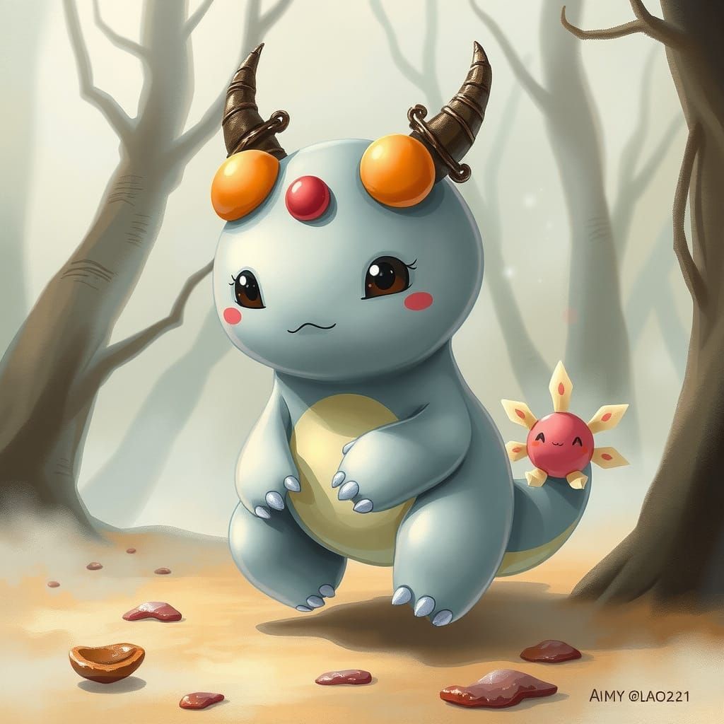 Enchanting Gray Berry Monster in Whimsical Folk-Art Style