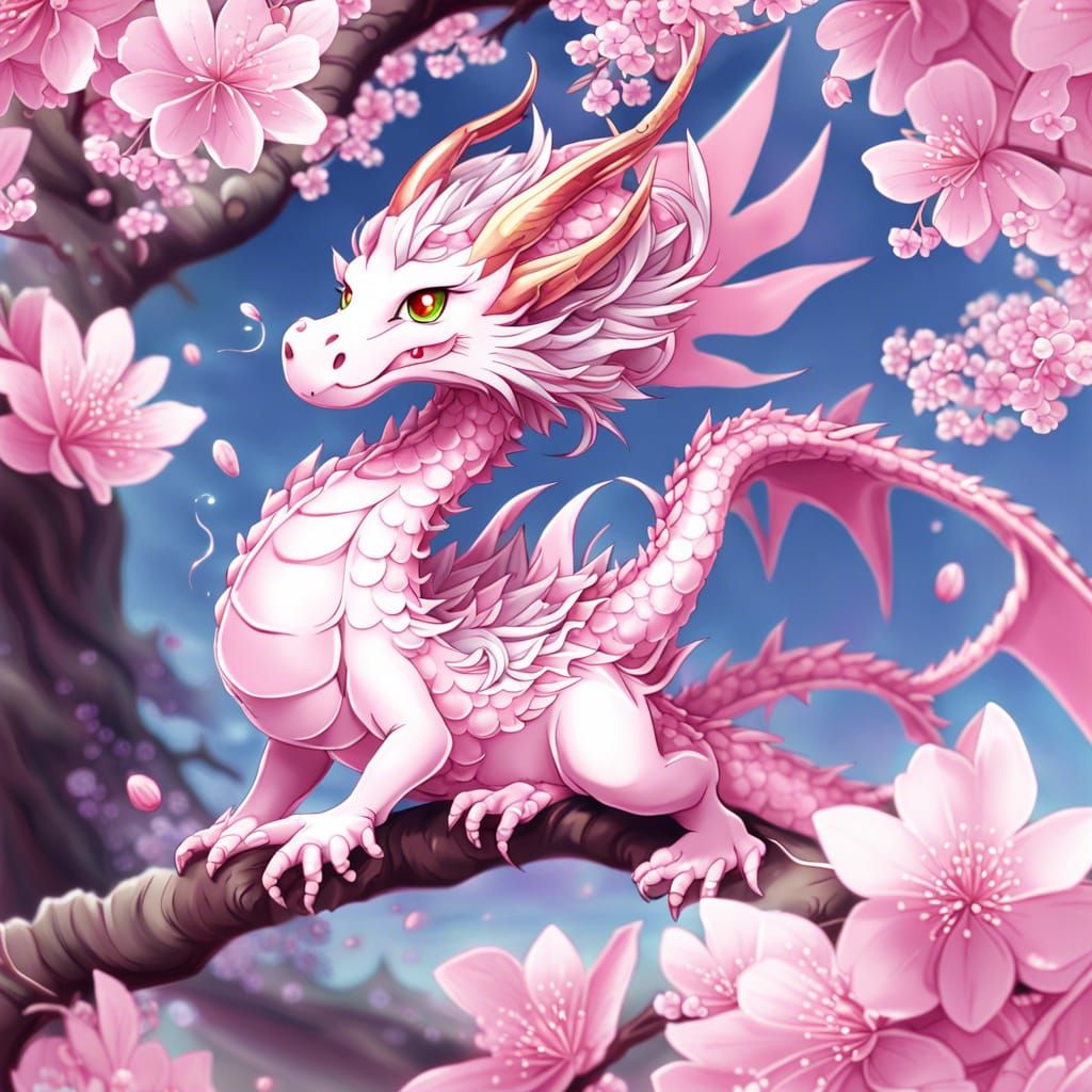 Cute Cherry Blossom Dragon in Anime Style