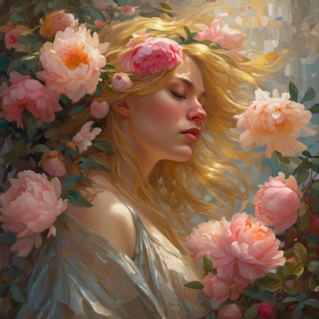 Blonde Woman with Peonies in Pre-Raphaelite Style