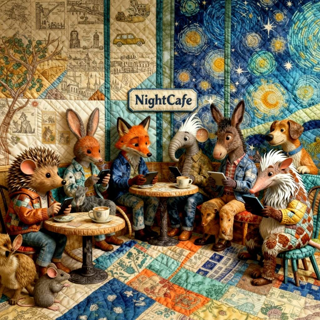 Whimsical Animals Enjoy Coffee and Tech in Patchwork Style