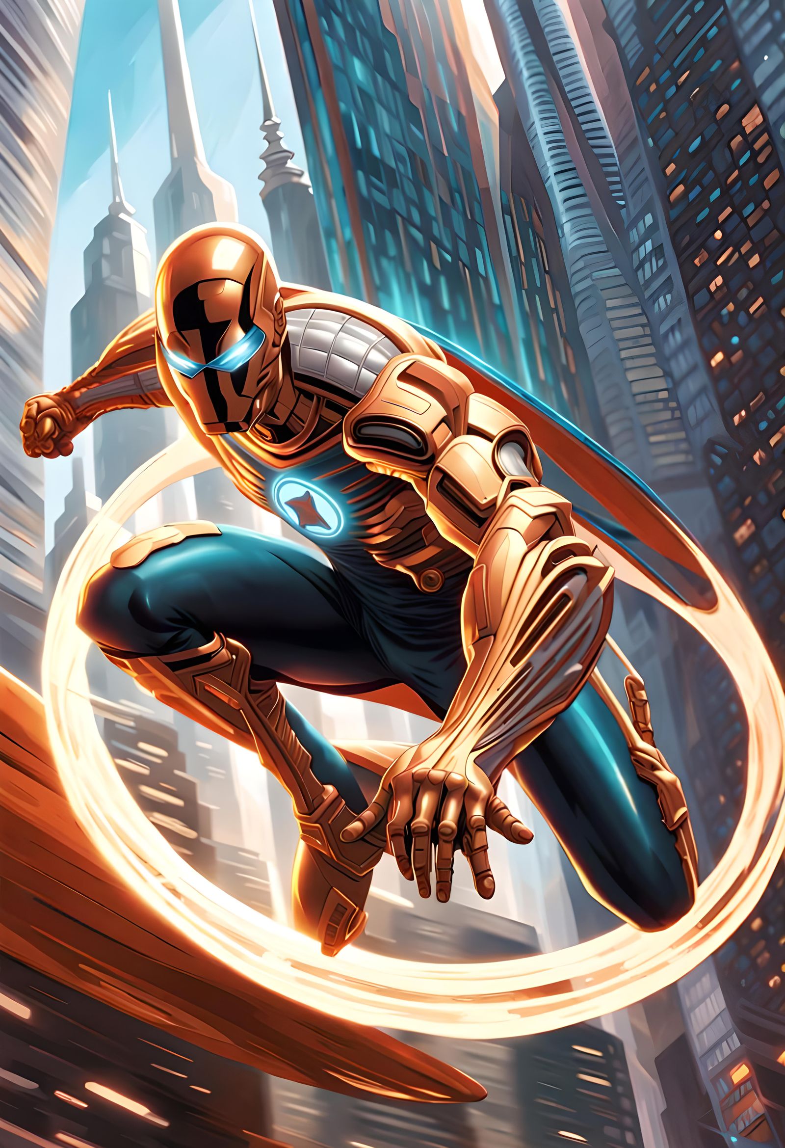 Futuristic Superhero Soaring Over City in Hyperreal Style