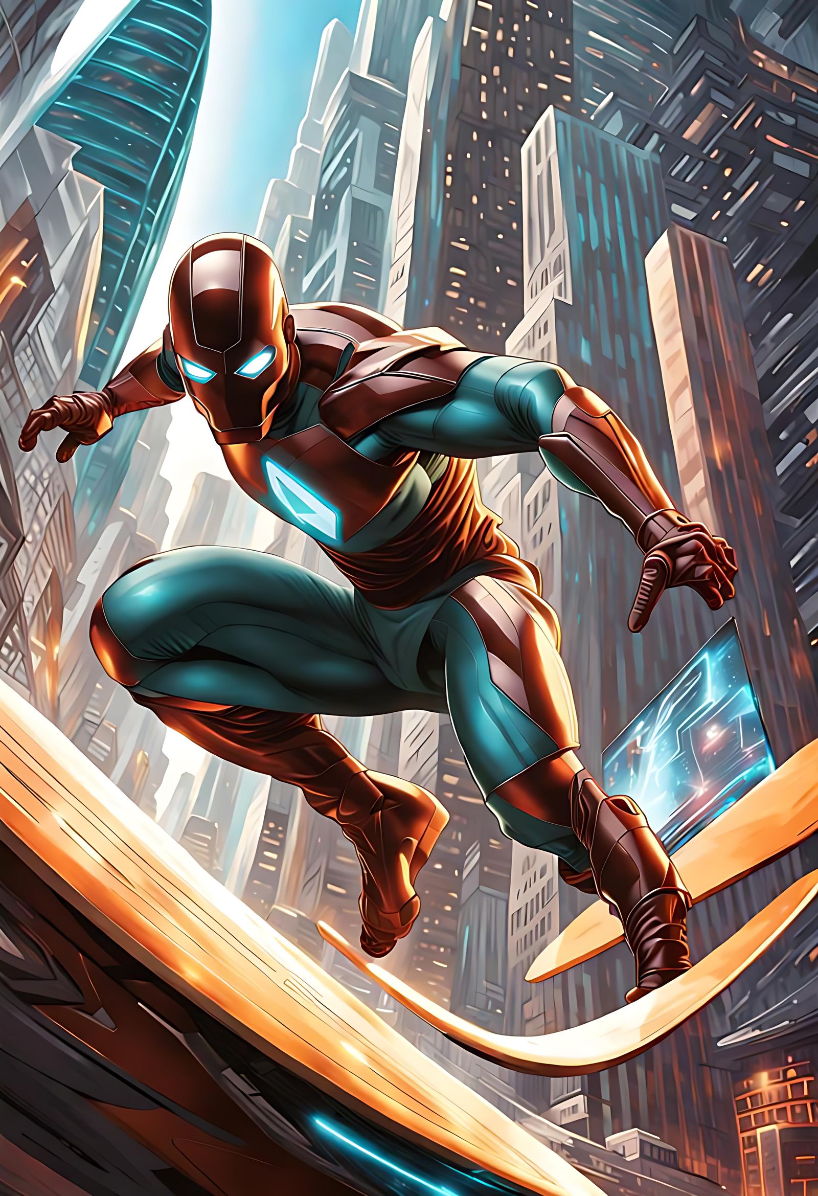 Futuristic Superhero Surfing Over City, Hyperrealistic Style