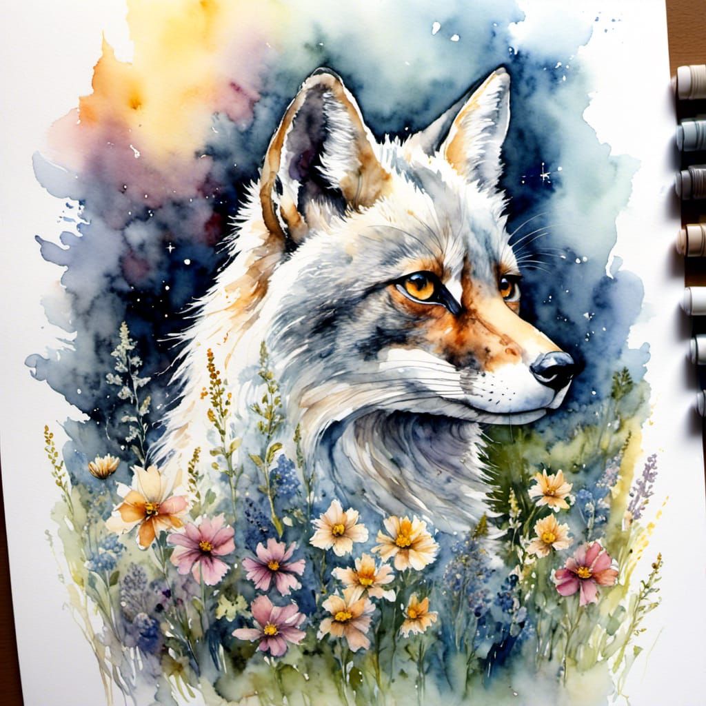 A Silver Fox in a field of flowers, Drawning