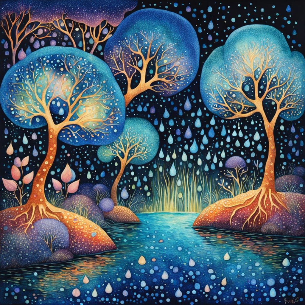 Shimmering Water Tree in a Dreamy, Iridescent Landscape