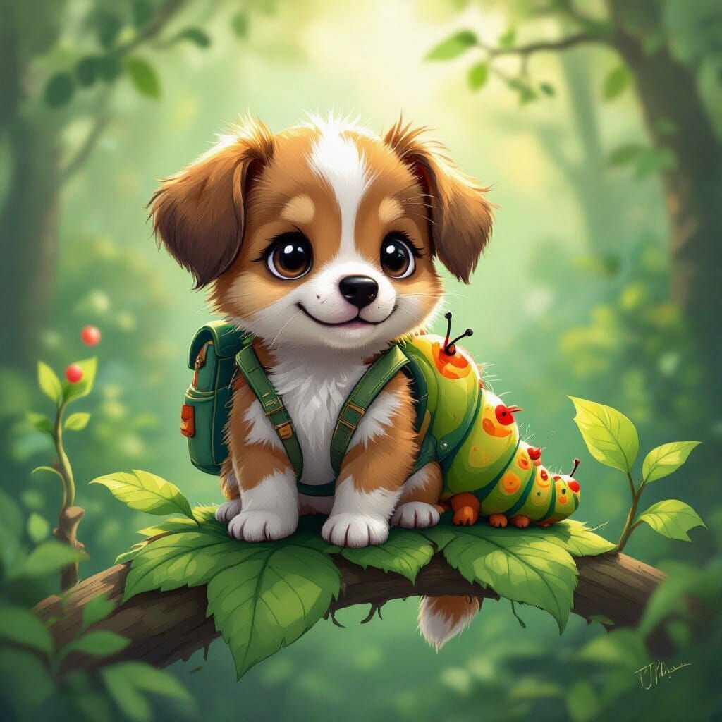 Whimsical Puppypillar in Fantastical Forest Art