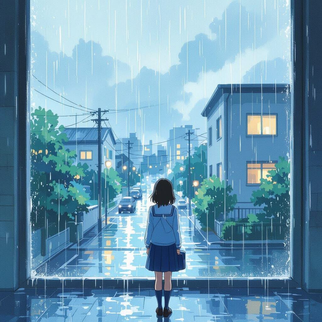 Schoolgirl in Rain Overlooks Cityscape in Cool Blue Tones
