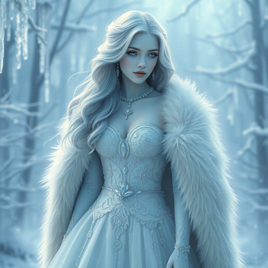 Ethereal Ice Elf in Winter Landscape