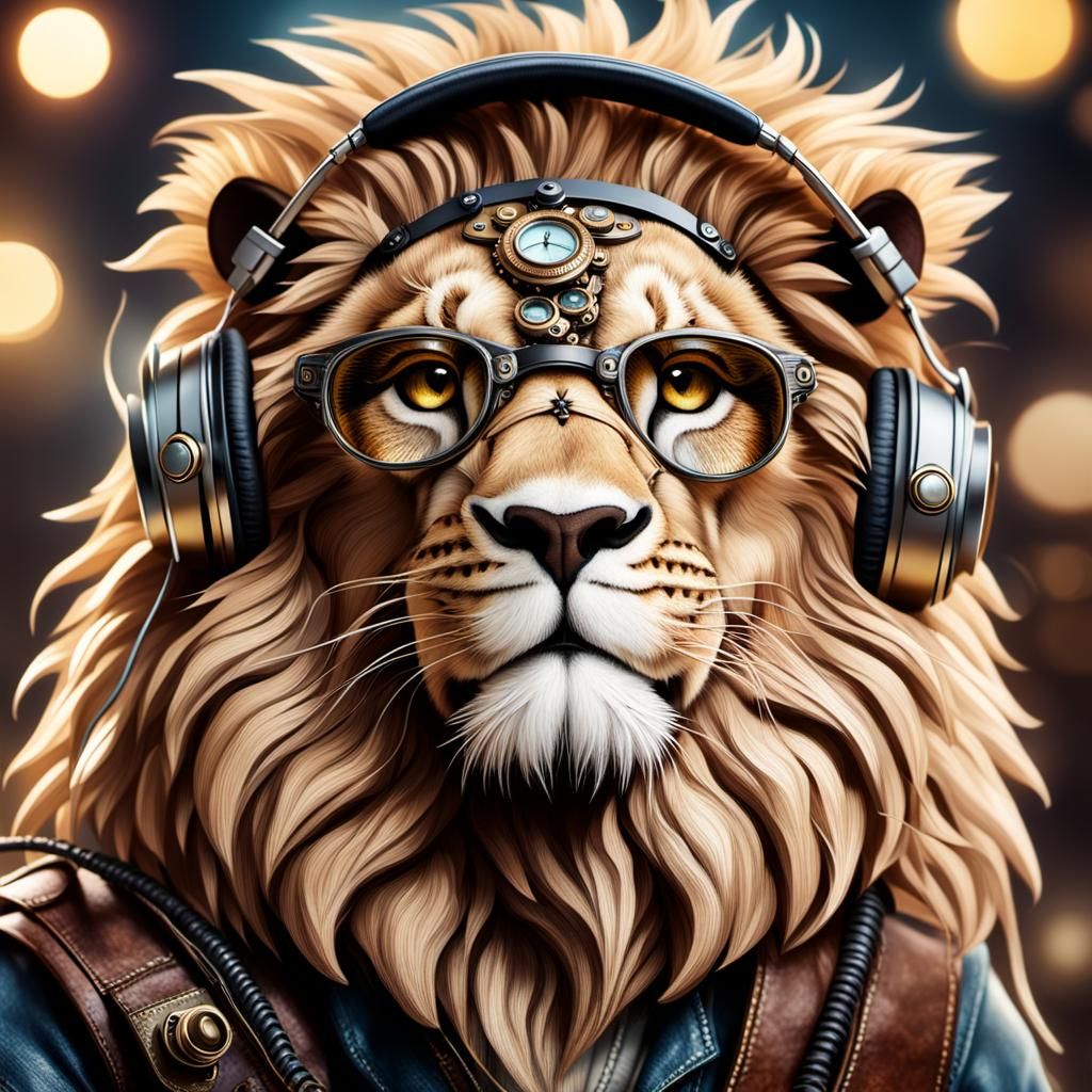 Steampunk Lion Listening to Music Close-Up
