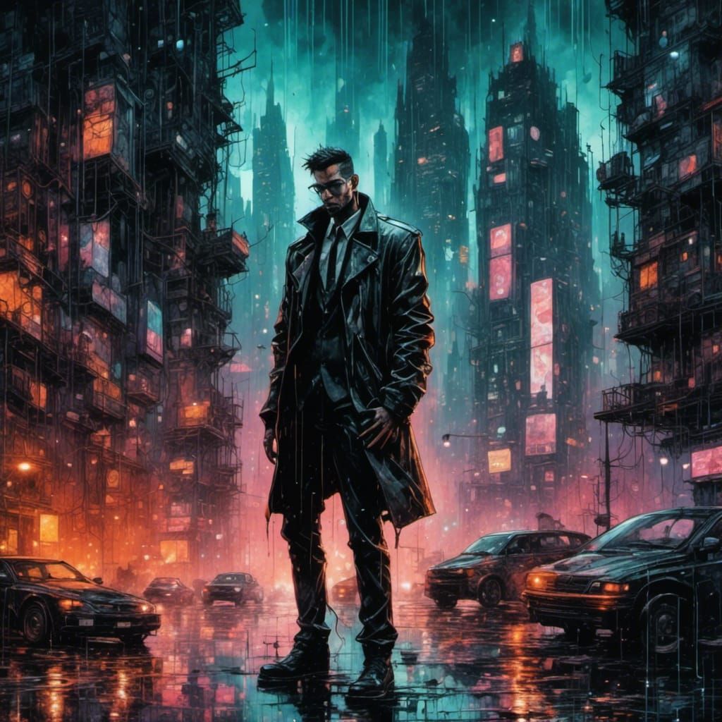 Cyborg in Dystopian Cityscape, Cyberpunk Anime Art