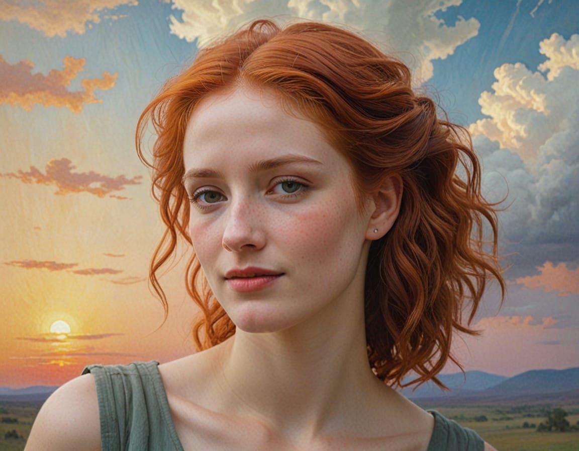 Whimsical Red-Haired Woman with Puffy Clouds on Cheeks