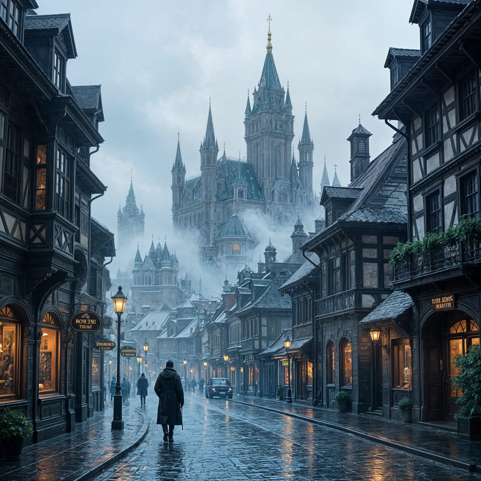 Old City in Fog with Lone Passerby