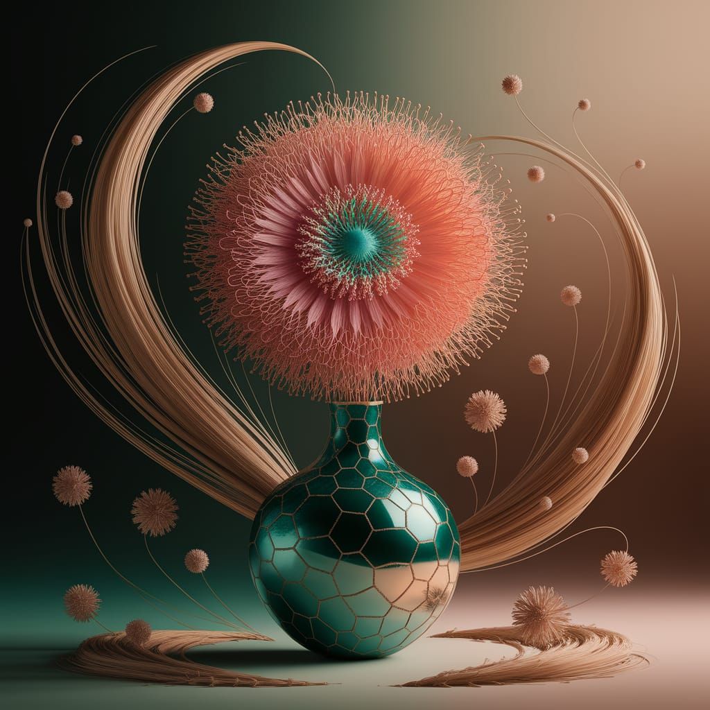 Surreal Flower in Emerald Vase: Hyperrealistic Art