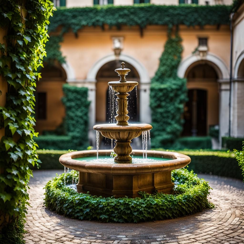 Idyllic Ivy-Covered Fountain in a Roman Courtyard