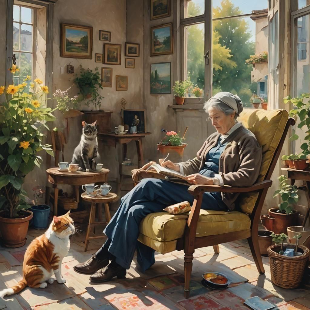 Cozy Living Room Scene with Elderly Woman and Pets