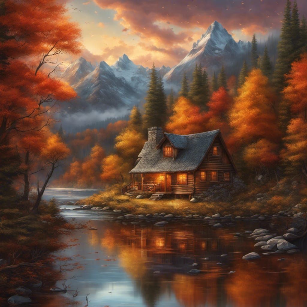 Autumn Cabin Retreat: Detailed Matte Painting