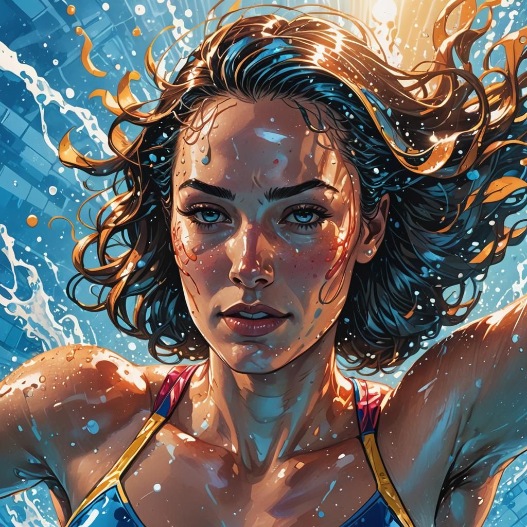 Super Girl in Olympic Pool: Comic Book Art