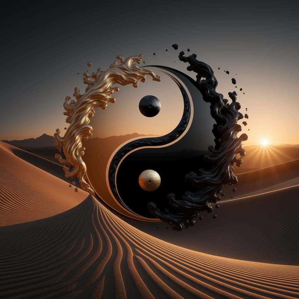 Yin-Yang Symbol in Gold and Obsidian, Desert Landscape