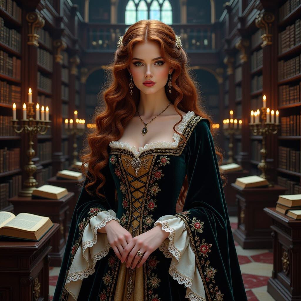 Medieval Woman in Grand Library, Fantasy Art