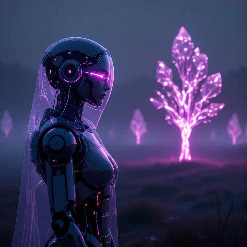 Futuristic Robot Gazing at Crystalline Forest in Neon Mist
