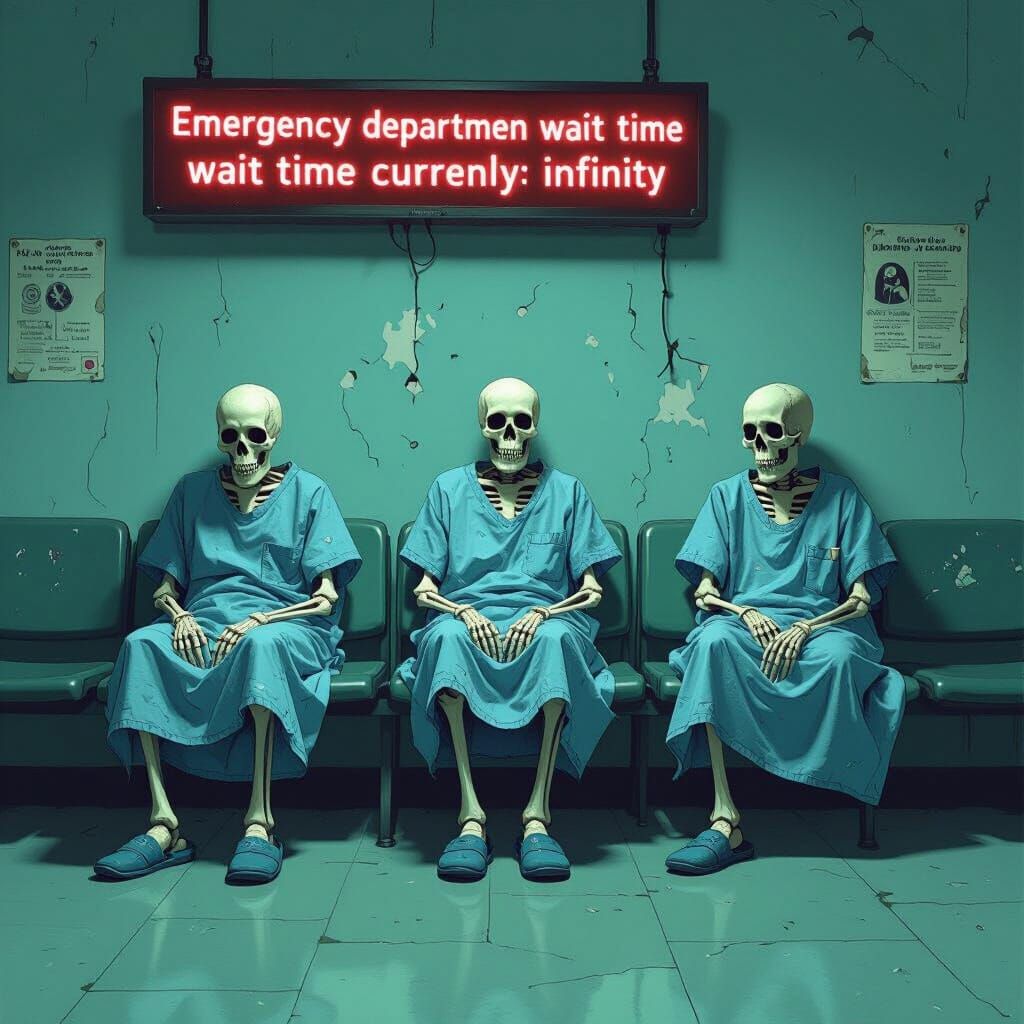 Skeletons Wait in a Dilapidated Hospital, Cel-Shaded Style