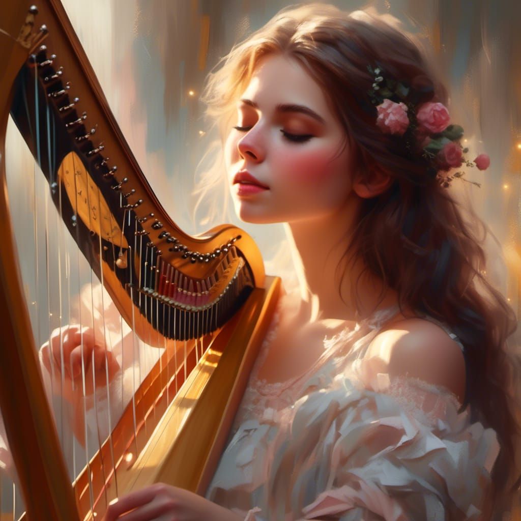 Beautiful Woman Plays Harp in Photorealistic Style