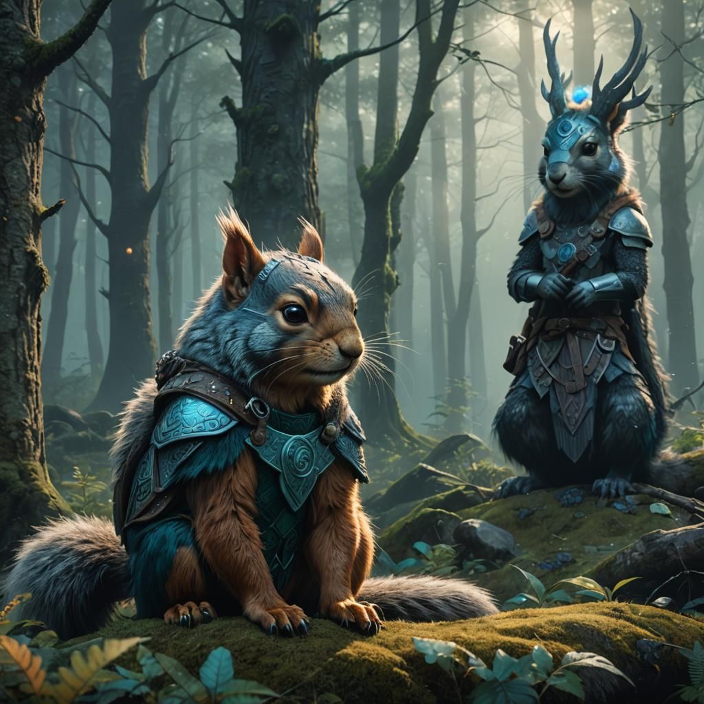 Viking Squirrel and Grey Wolf in Mystical Forest