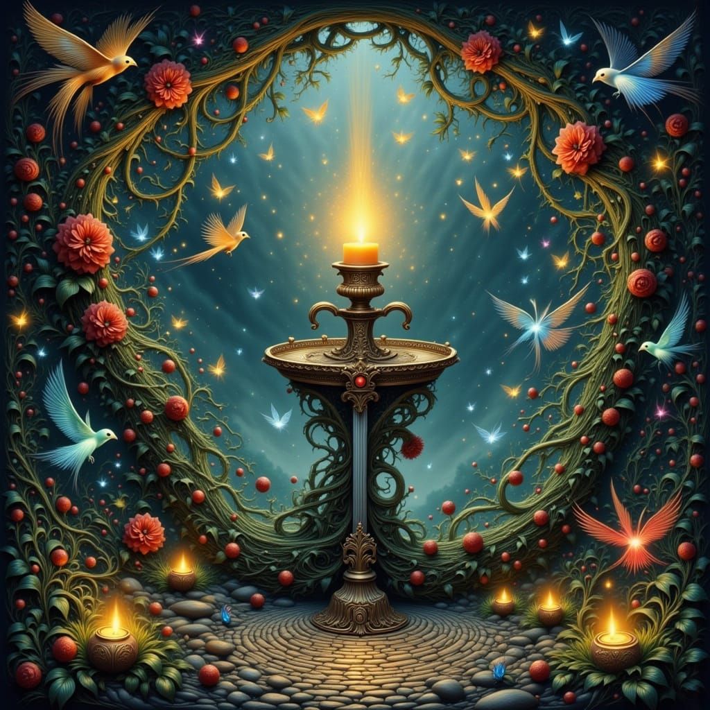Enchanted Candlestick with Birds in Surreal Scene