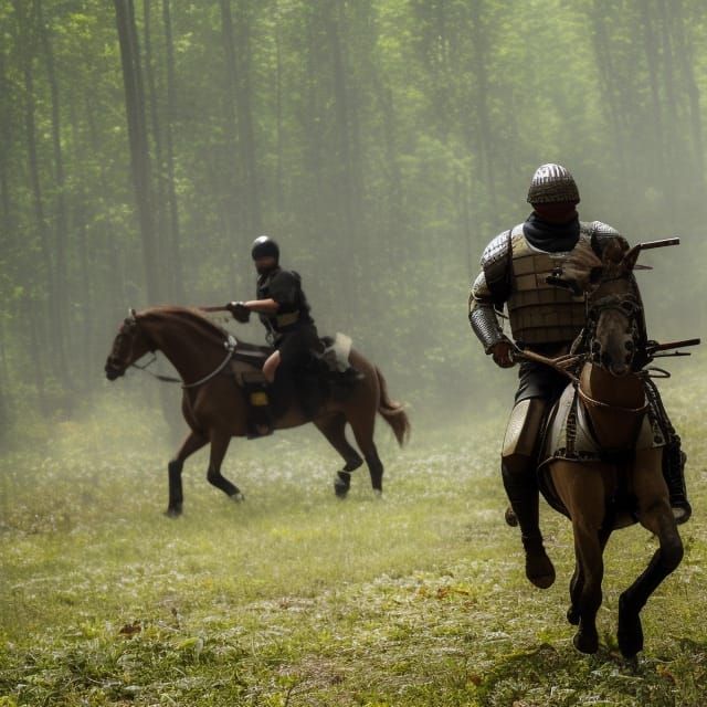 Armored Warrior in Forest Battle with Army