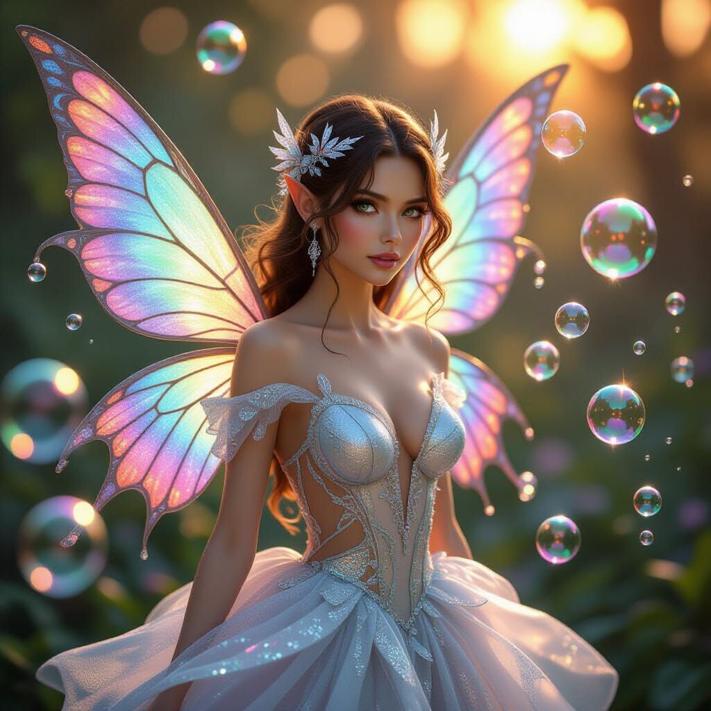 Detailed Fairy in Sparkling Silver Dress Amidst Ethereal Bub...