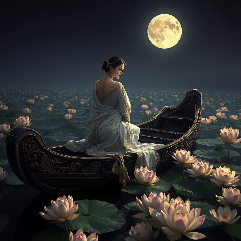 Serene Woman in White Saree on Lotus Pond at Night