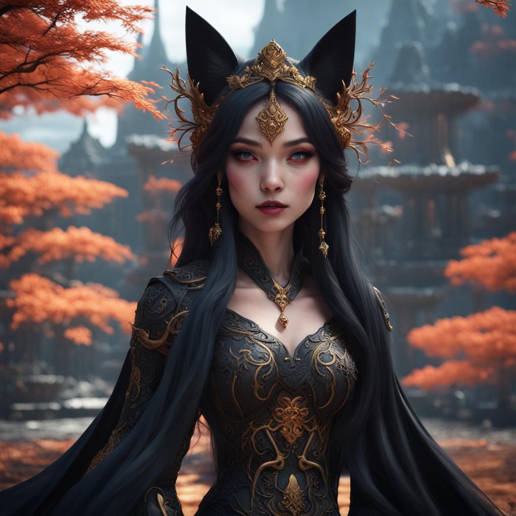 Black Kitsune Princess in Detailed Fantasy Art