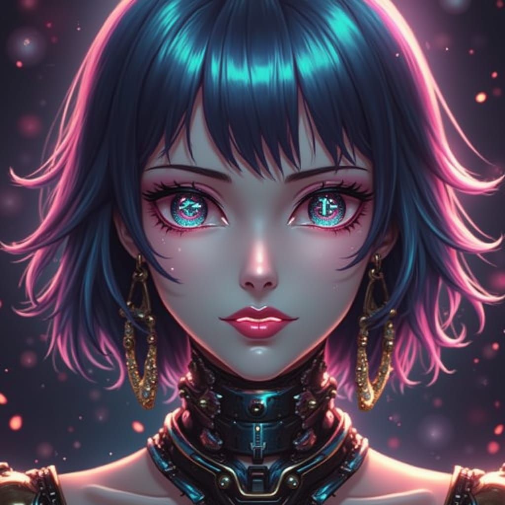 Gothic Cyberpunk Android Goddess in Vibrant Neon Hues