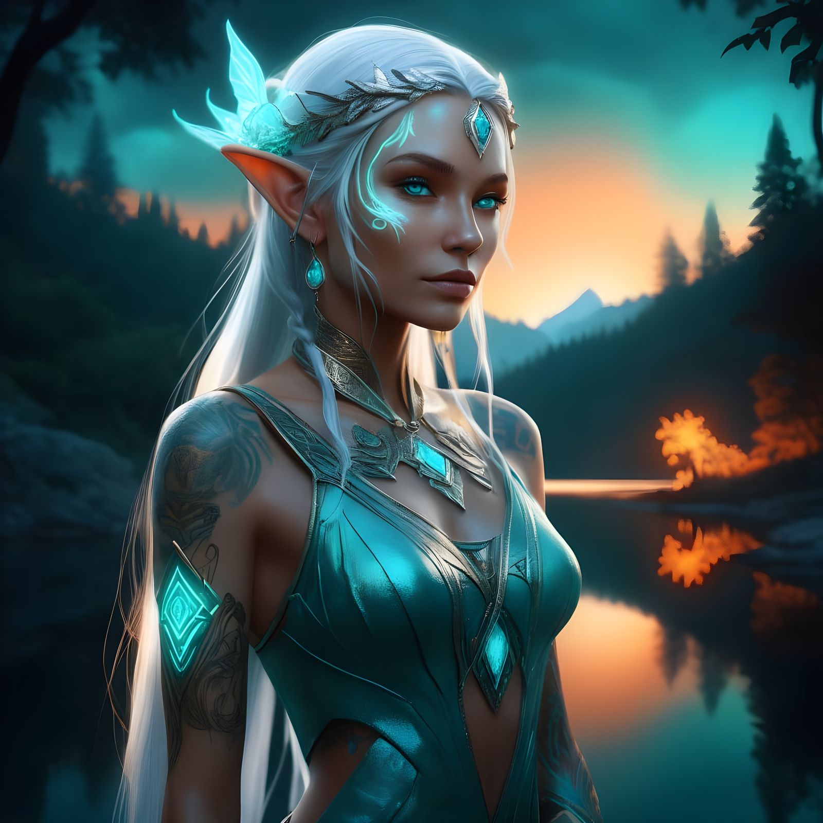 Ethereal Elf Maiden with Glowing Tattoos in a Whimsical Nigh...