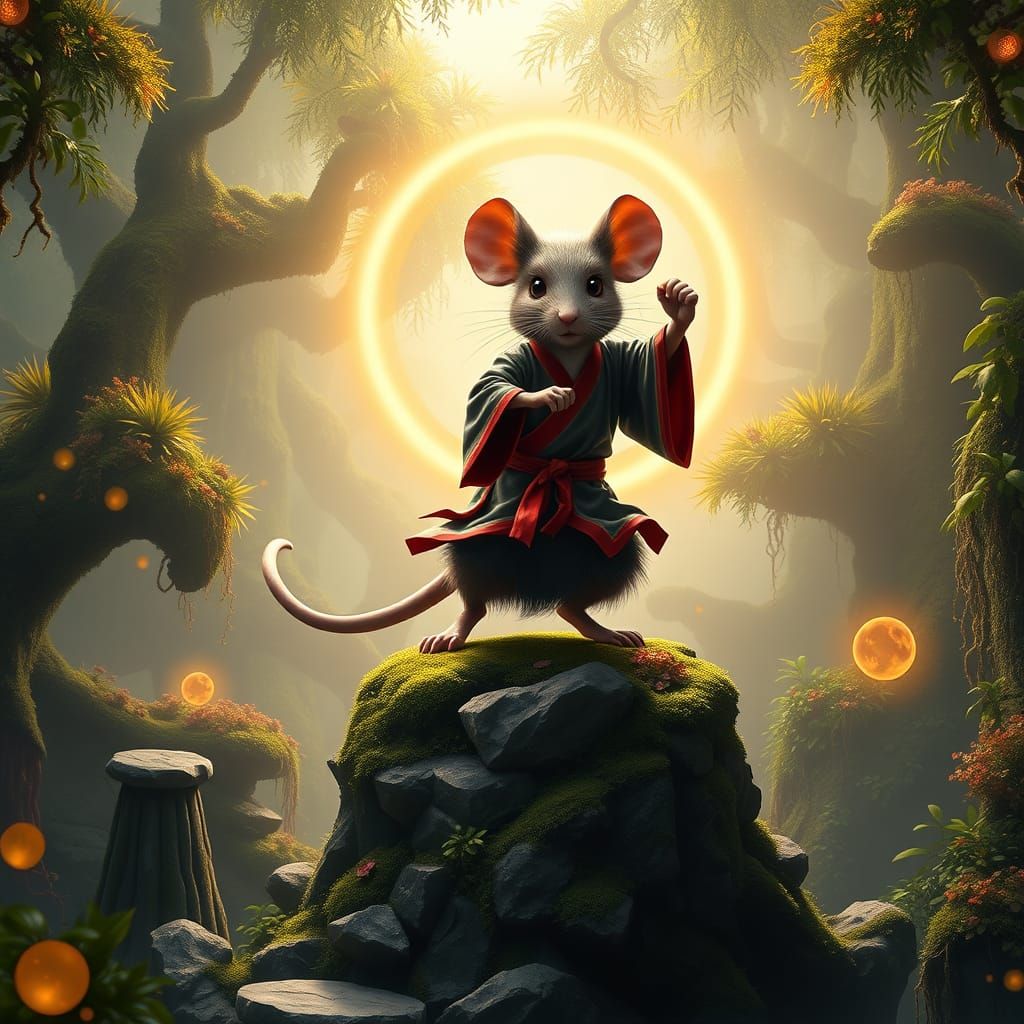Heroic Kung Fu Mouse Amidst Exotic Forest
