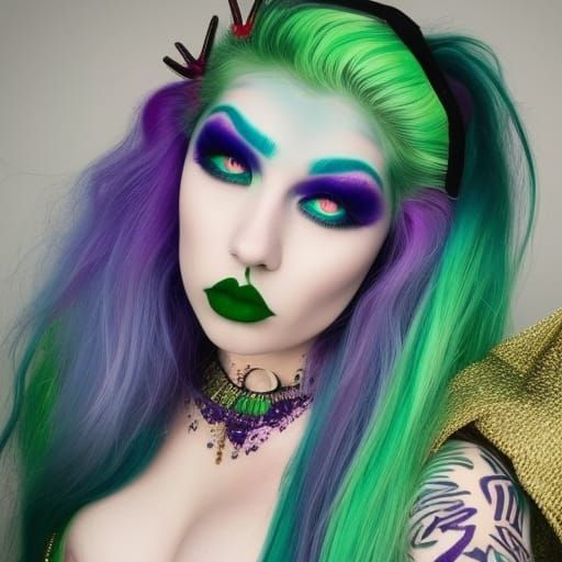 Eccentric wild young lady with green hair with blue highlights& purple highlights& green eyes& teal green eyeshadow with...