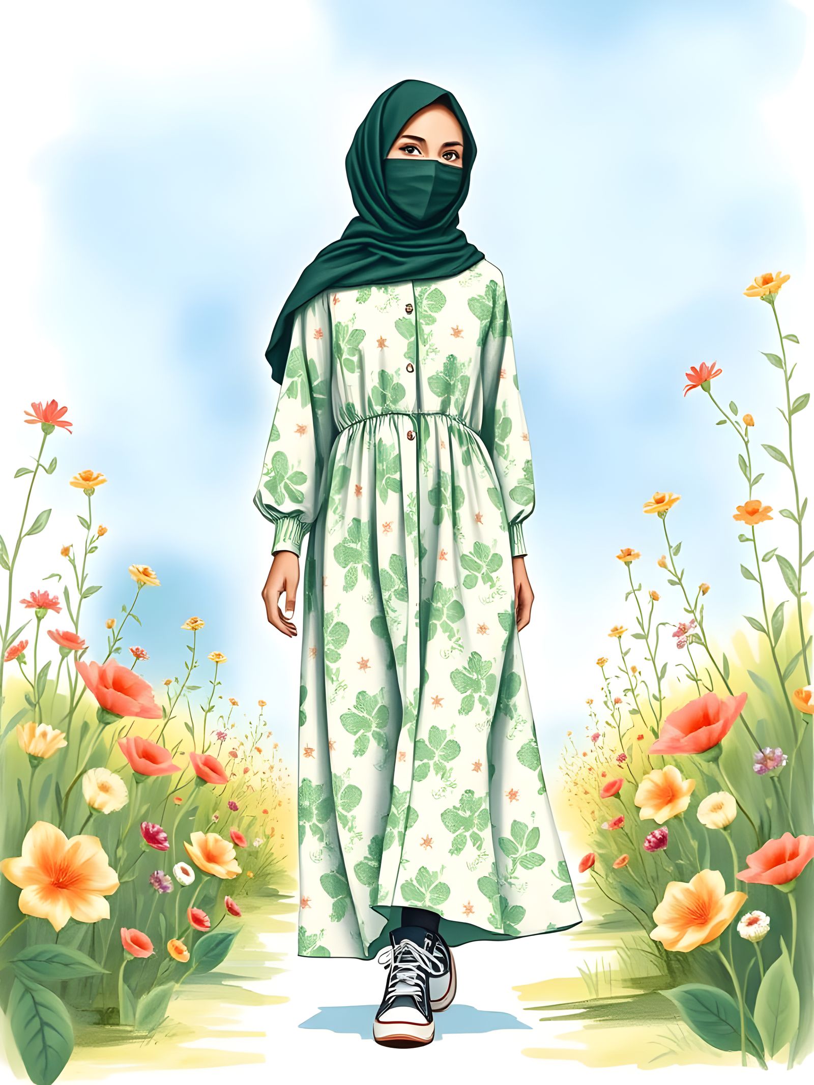 Hijabi Woman in Flower Garden: Minimalist Watercolor Art