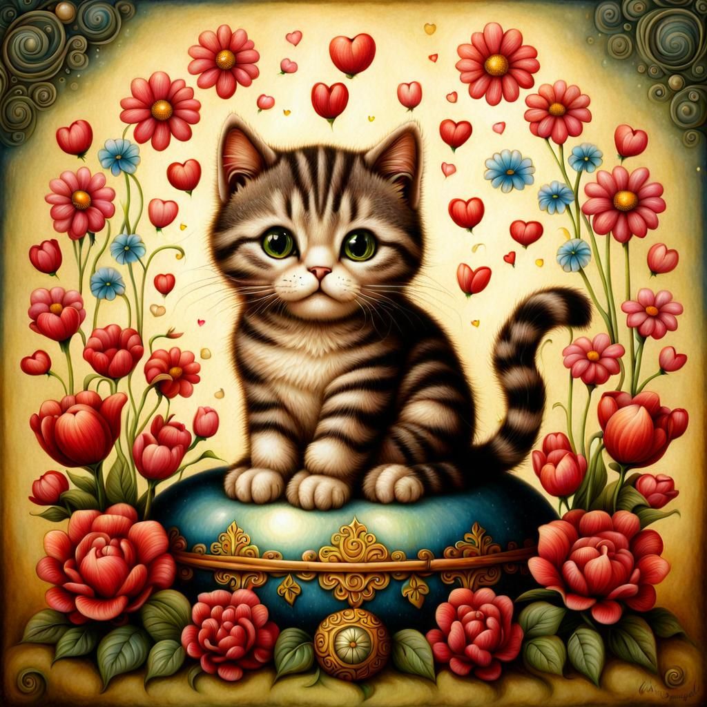 Surreal Cat Surrounded by Flowers: A Dreamscape Painting