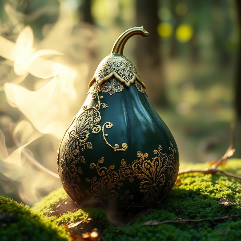 Golden Gourd in Misty Forest, Organic Art Style